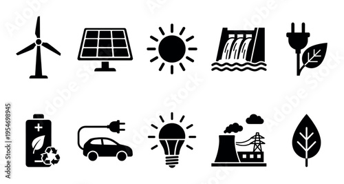 This collection of black silhouette icons represents various forms of renewable energy, including wind, solar, hydro, and electric car charging, symbolizing sustainability and clean power.