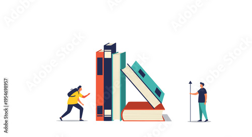 Creative concept features two small people interacting with a massive stack of books one running and one standing guard.