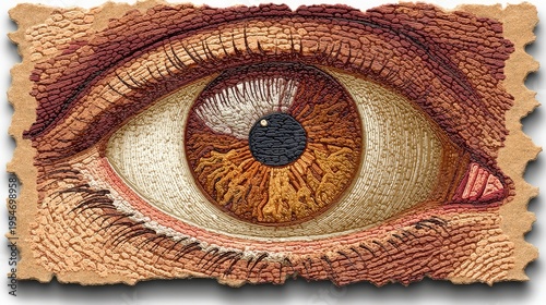 Textured Brown Eye Illustration Carved on Aged Paper Surface