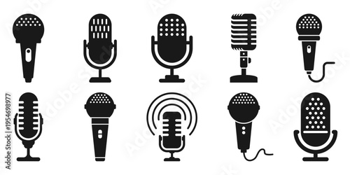 Microphone silhouette icon set collection in flat style. Mic for podcast vector illustration on isolated background. Music equipment sign business concept.