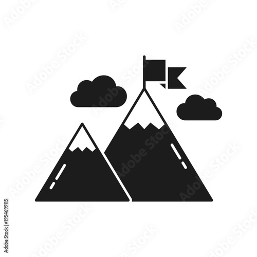 Mountain peak silhouette with flag icon in flat style. Exploration hiking vector illustration on isolated background. Success sign business concept.
