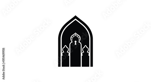 A striking black gothic window design with ornate details and a central floral motif silhouette
