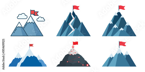 Mountain peak with flag icon set collection in flat style. Exploration hiking vector illustration on isolated background. Success sign business concept.
