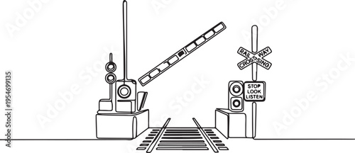Single one line drawing of railway barrier with signs and warning lights in an open position that allows vehicles to cross railway lines. One line draw graphic design vector