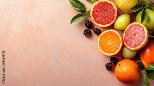 Fresh fruits including grapefruit, orange, pear, and blackberries arranged on soft background evoke vibrant autumnal feel