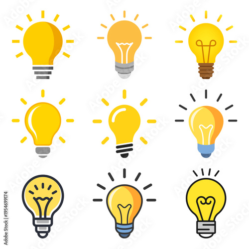 Light bulb icon set collection in colorful flat style. Lightbulb vector illustration on isolated background. Idea sign business concept.