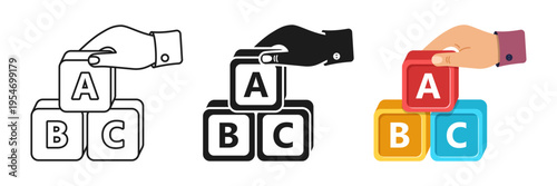 Hand holding alphabet ABC blocks icon silhouette in flat style. Child education vector illustration on isolated background. Elementary school sign set collection business concept.