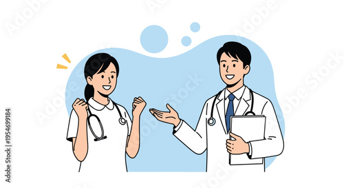 Male doctor and female nurse in white uniforms talking and gesturing with enthusiasm in front of a blue background.