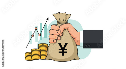 Hand in a business suit holds a large sack of money with a yen symbol next to gold coin stacks and a growth graph.