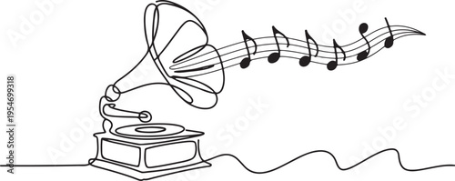 Continuous one line drawing of old retro analog gramophone with music note. One line draw graphic design vector
