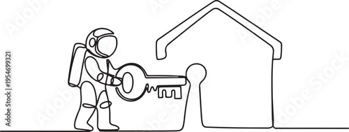 Continuous one line drawing astronaut putting big key into house. Investing money in real estate. One line draw graphic design vector
