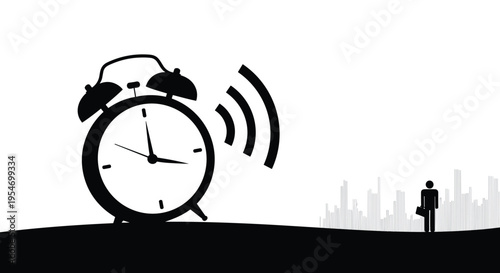 Silhouette of a giant alarm clock ringing next to a small businessman walking towards a city skyline at sunrise.