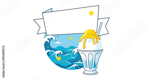 Shaved ice with yellow syrup in a glass bowl set against a backdrop of ocean waves and yellow stars with a banner.