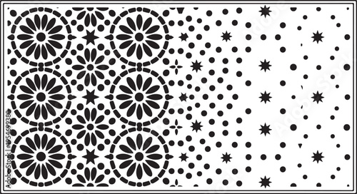 Black and white floral pattern with dots and stars on rectangular background