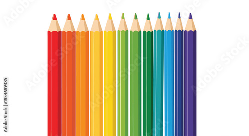 Row of sharp colored pencils arranged in a vibrant rainbow spectrum order from red to purple on a white background.