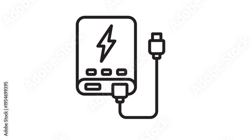 Power bank with lightning bolt and USB cable icon for charging devices on a white background. featuring portable charger, battery, energy with device