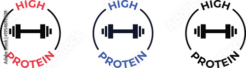 High protein label collection with dumbbell symbol healthy food badge set vector