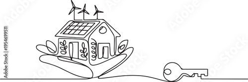 Outline drawing of sustainable house in hand with key. The concept of building housing for young families. One line draw graphic design vector