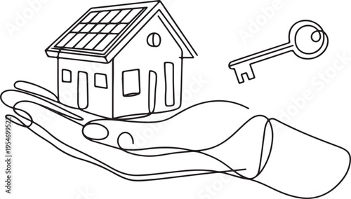Outline drawing of sustainable house in hand with key. The concept of building housing for young families. One line draw graphic design vector