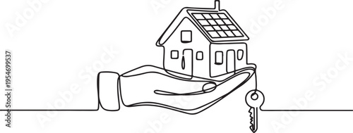 Outline drawing of sustainable house in hand with key. The concept of building housing for young families. One line draw graphic design vector