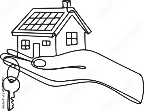 Outline drawing of sustainable house in hand with key. The concept of building housing for young families. One line draw graphic design vector