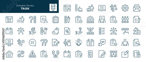 Task. Set of outline icons. Checkmark, checklist, list, plan, planning, choice, problem solving, business planning and more. Line icon in linear style. Vector collection
