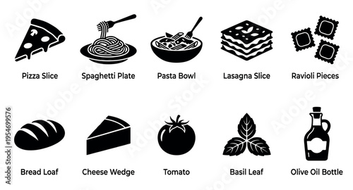 A black and white collection of simple vector icons representing popular Italian food items like pizza, pasta, lasagna, ravioli, bread, cheese, tomato, basil, and olive oil.