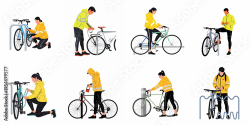 Set of flat vector illustrations featuring people in high-visibility yellow jackets locking their bicycles to various public bike racks.
