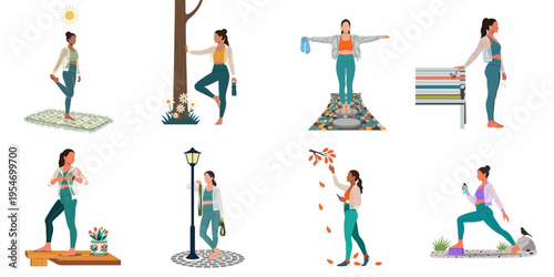 Collection of flat vector illustrations depicting women in activewear practicing mindfulness, stretching, and yoga in various outdoor park and nature settings.