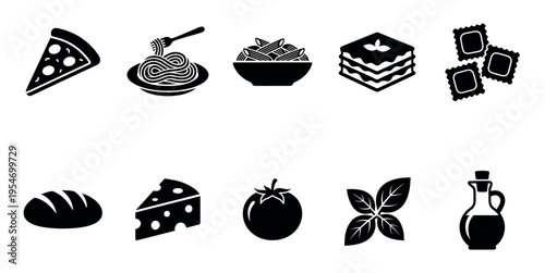 A collection of black Italian food icons including pizza, spaghetti, penne pasta, lasagna, ravioli, bread, cheese, tomato, basil, and olive oil on a white background.