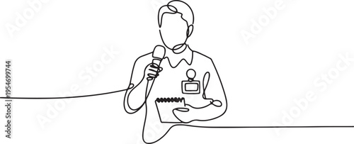 One continuous line drawing of Reporter is on duty vector design illustration. One line draw graphic design vector