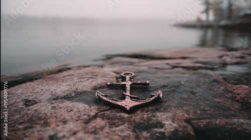 Rusty Anchor Resting on Rocky Shore by Calm Foggy Lake