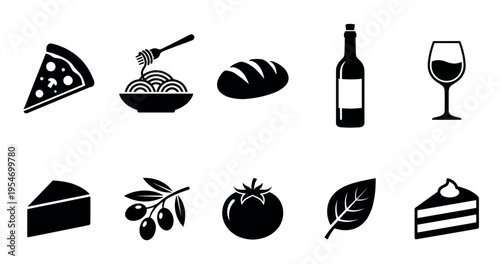 A collection of black silhouette icons representing Italian food and drink items, perfect for menus, websites, or culinary graphics.