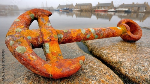 Rusty Orange Anchor Resting on Granite Harbor Pier in Foggy Fishing Village
