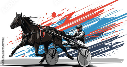 Harness racing horse sulky driver colorful illustration design, equestrian sport artwork concept, dynamic competition theme, speed motion symbol, athletic graphic style image