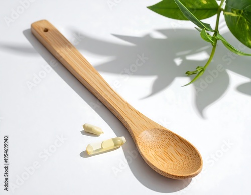 Close-up of a wooden spoon and capsules on a white surface, with green leaves casting shadows