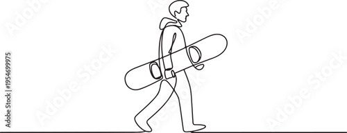 man carrying snowboard. Winter holiday concept. One line draw graphic design vector