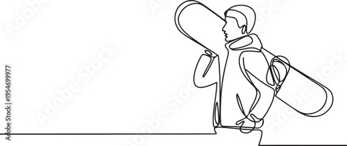 man carrying snowboard. Winter holiday concept. One line draw graphic design vector
