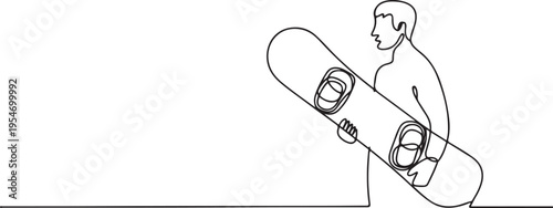 man carrying snowboard. Winter holiday concept. One line draw graphic design vector