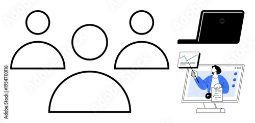 Team collaboration. Group icons teamwork on digital platforms. Team collaboration showcased with online presentation tools and laptops. Perfect for remote work, digital skills, e-learning, technology