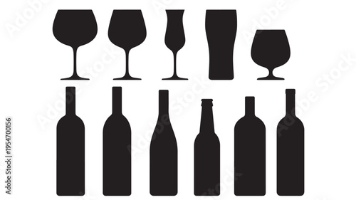 Bottles and glasses set with various drinkware silhouettes for graphic design elements and icons featuring wine glass, beer glass, brandy glass with