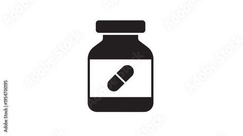 Pill bottle icon with a single capsule symbol on the label, a clean vector graphic representing medicine or health care.