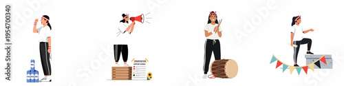 Illustration set of a woman in various roles for a sports day or orientation event, including cheering, using a megaphone, drumming, and celebrating.