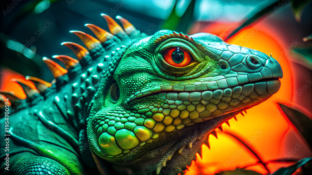 Fototapeta premium Close-up of green iguana with textured skin and bold colors. Exotic reptile concept ideal for nature photography, wildlife content, and educational use.