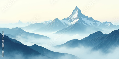 A breathtaking morning landscape of the misty Alps peaks at sunrise where clouds and fog drift over the snowy mountain valley under a soft blue dawn sky