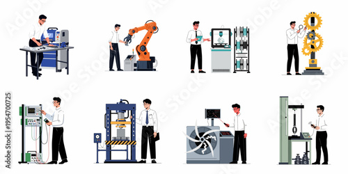 Flat illustrations of male engineers operating various industrial machinery including robotic arms, 3D printers, and testing equipment for manufacturing and research development projects.