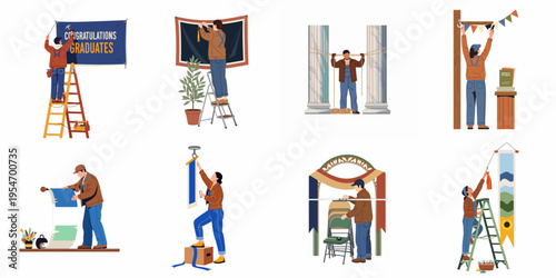 Flat vector illustrations of professional event workers setting up decorations, banners, and seating for a graduation ceremony or school celebration