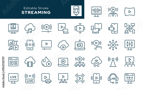 Streaming. Set of outline icons. Live stream, broadcast, streamer, video, play, blog, podcast, television, screen and more. Line icon in linear style. Vector collection	