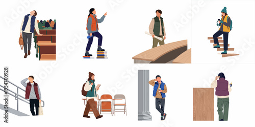 Collection of flat vector illustrations depicting diverse students in various university campus and academic settings, including lecture halls, stairs, and study areas.
