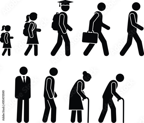 Human Life Cycle Evolution Vector Silhouette Set Showing Aging Process from School Child and Student Graduate to Professional Businessman and Elderly Seniors on White Background